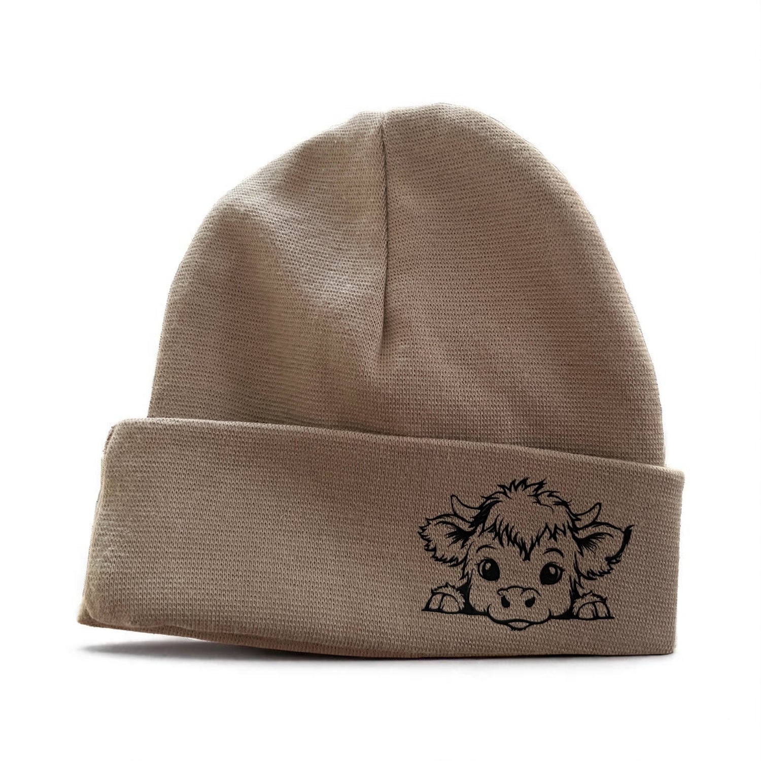 Newborn beanie printed with Scottish Highlander