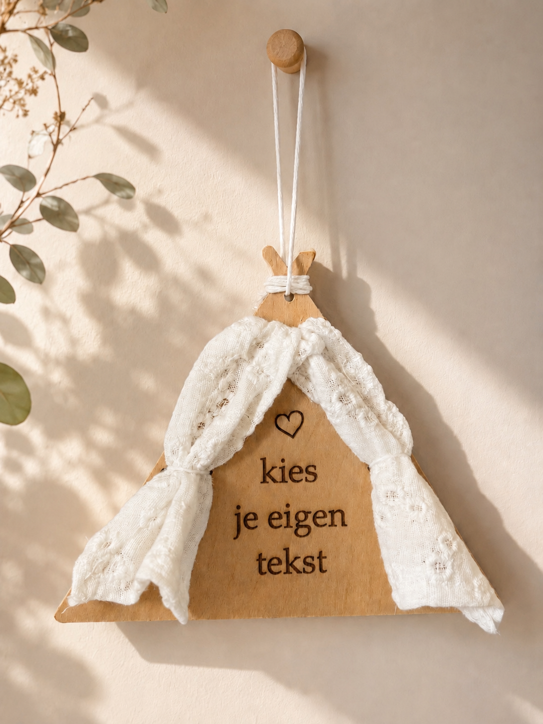 Tipi tent zwangerschapsaankondiging met gordijntjes | Eigen tekst